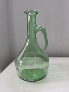 Vintage Green Hand-Blown Glass Pitcher Vase with Handle